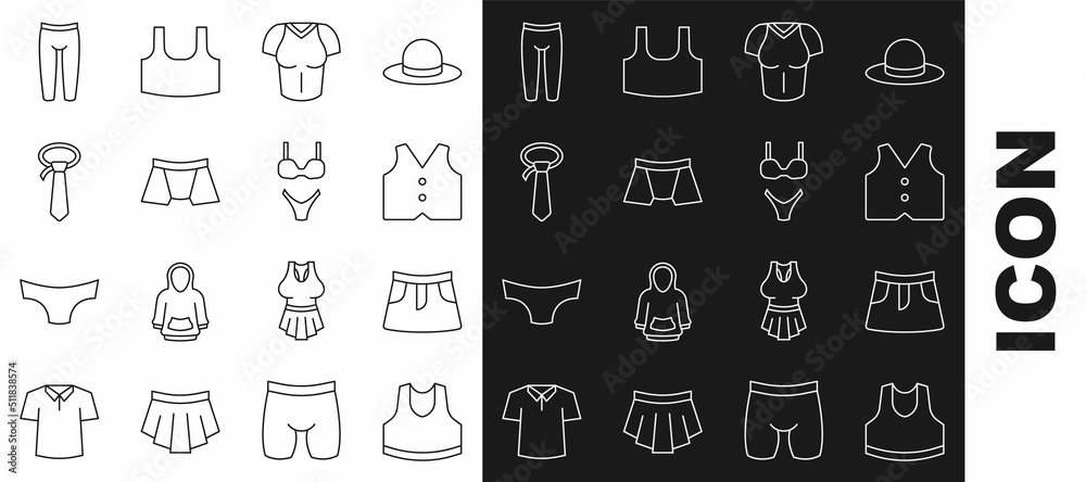 Set line Undershirt, Skirt, Waistcoat, T-shirt, Men underpants, Tie, Leggings and Swimsuit icon. Vector Set line Undershirt, Skirt, Waistcoat, T-shirt, Men underpants, Tie, Leggings and Swimsuit icon. Vector