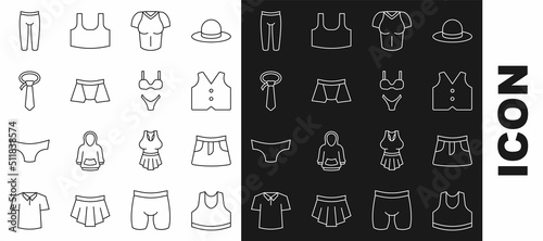 Set line Undershirt, Skirt, Waistcoat, T-shirt, Men underpants, Tie, Leggings and Swimsuit icon. Vector