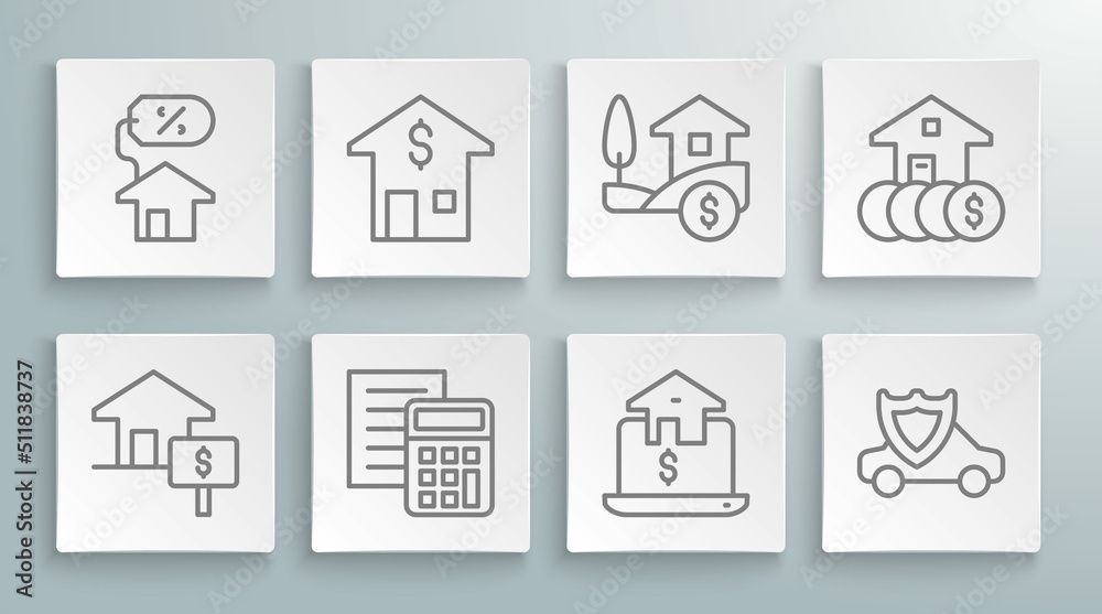 Set line House with dollar, Calculator, Online real estate, Car shield, and percant icon. Vector