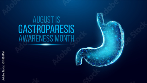 Human stomach. Gastroparesis awareness month concept. Banner template with glowing low poly stomach. Futuristic modern abstract. Isolated on dark background. Vector illustration. photo