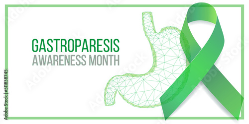 Gastroparesis awareness month concept. Banner template with low poly stomach and green ribbon awareness. Vector illustration.