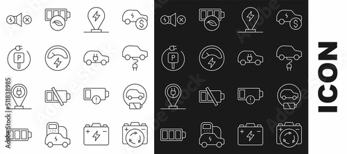 Set line Battery with recycle symbol, Electric car, Charging parking electric, Voltmeter, motor and icon. Vector