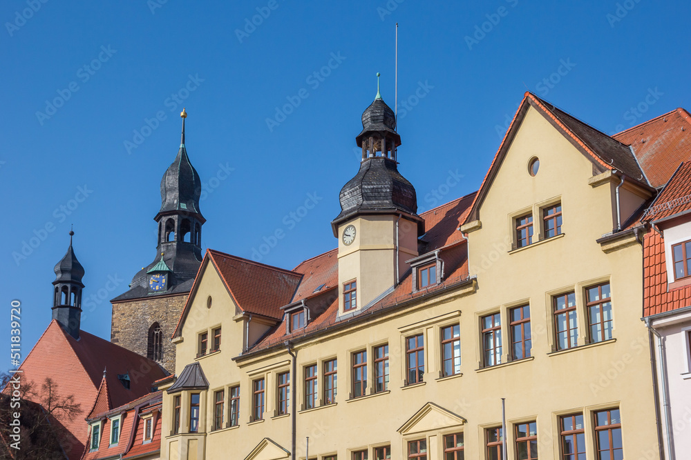 Towers of the town hall and Jacobi church in Hettstedt, Germany Towers of the town hall and Jacobi church in Hettstedt, Germany