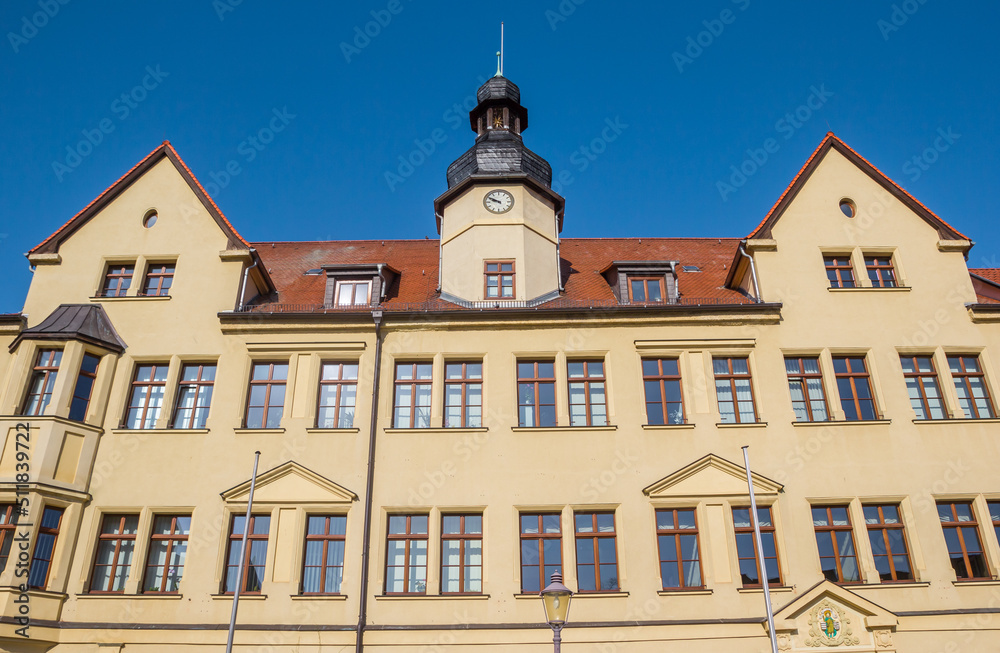 Front facade and tower of the historic town hall in Hettstedt, Germany