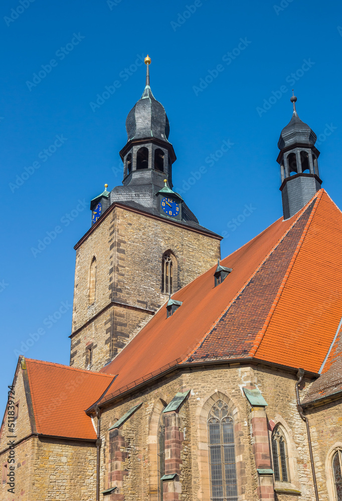 Towers of the historic Jacobi church in Hettstedt, Germany