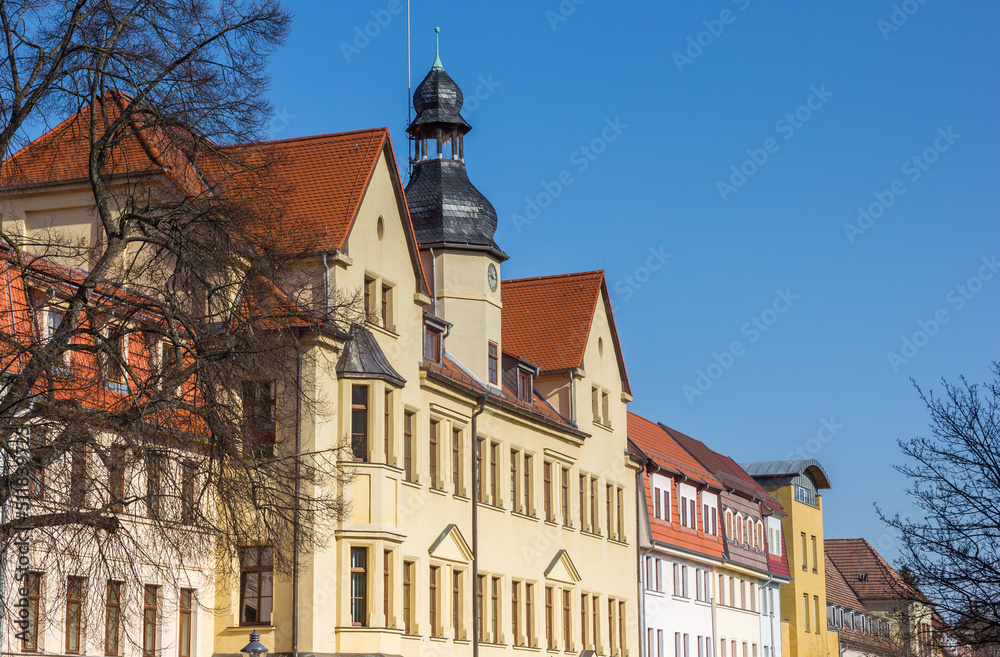 Town hall and historic houses on the market square of Hettstedt, Germany