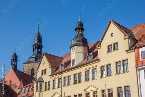 Towers of the town hall and Jacobi church in Hettstedt, Germany