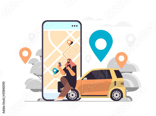 arab businessman ordering car in mobile application transportation carsharing service carpooling concept