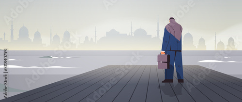 rear view arab businessman standing on wooden pier and looking to sea business and challenge crisis bankruptcy