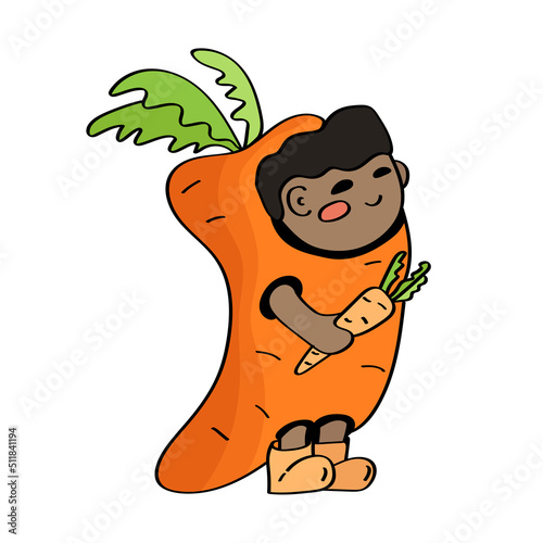 Cute children's character in a carrot costume rejoices smiling. Isolate on white baby illustration.