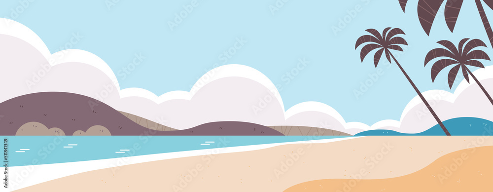Beautiful tropical beach landscape summer seaside with palms and mountains horizontal