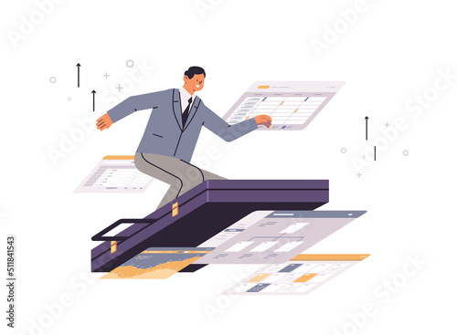 businessman flying on suitcase business man analyzing financial statistics data documents from finance department