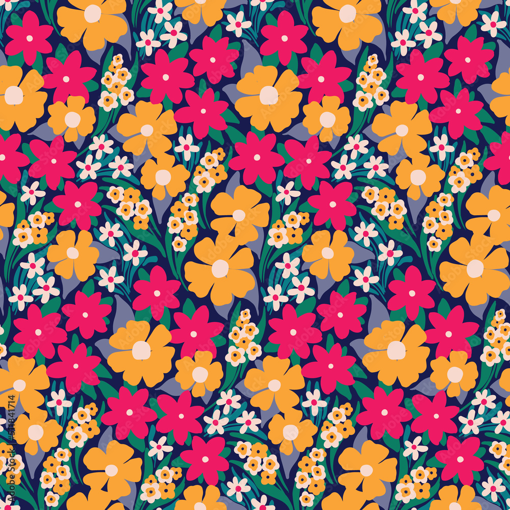 Seamless floral pattern, cute ditsy print with decorative retro meadow style. Summer botanical background with small colorful flowers, tiny leaves on a blue field. Colorful surface design. Vector. Seamless floral pattern, cute ditsy print with decorative retro meadow style. Summer botanical background with small colorful flowers, tiny leaves on a blue field. Colorful surface design. Vector.