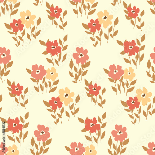 Seamless pattern, pretty ditsy print with sparse decorative plants on a white field. Cute botanical background, romantic surface design with small wild flowers, herbs, leaves. Vector illustration.