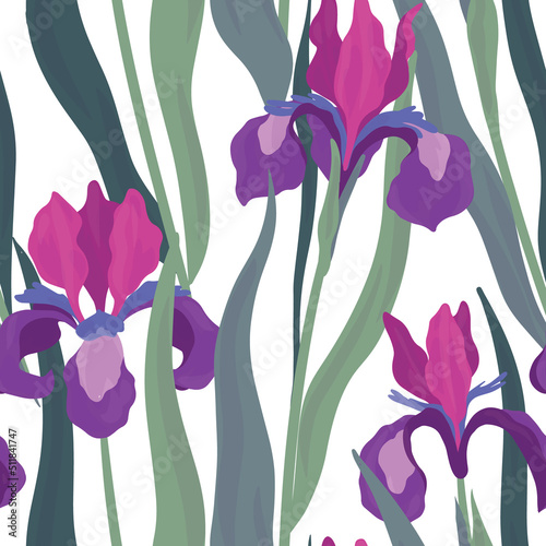 Seamless pattern, elegant floral print with iris flowers, leaves on a white field. Delicate botanical background, modern surface design with decorative wild flowers, grass. Vector illustration.