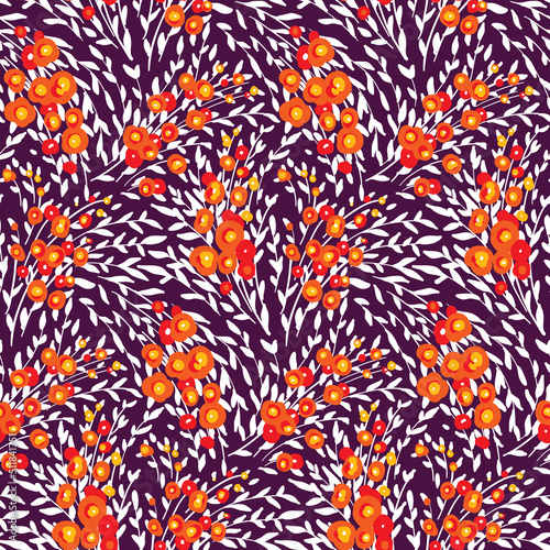 Seamless floral pattern, artistic ditsy print with small flowers, wild herbs on purple field. Botanical background with liberty composition of careless botany, flowers, twigs, leaves. Vector.