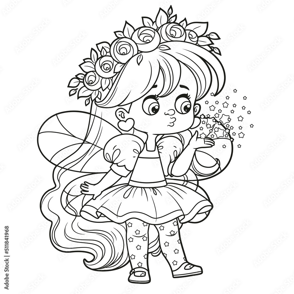 Cute cartoon little fairy blows fairy dust from the palm of your hand outlined for coloring on white background