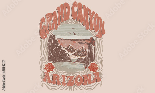 Mountain with flower  t-shirt design. Grand canyon vector graphic print design for apparel, stickers, posters, background and others. Wild lake vintage artwork.