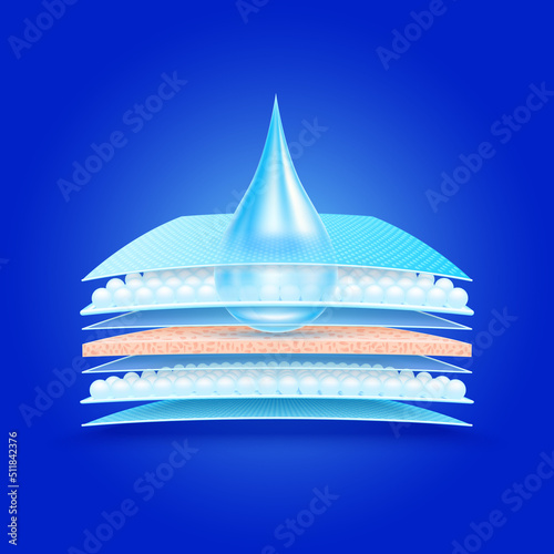 Water droplets flow through the absorbent pad close up. Sponge pads hygroscopic tablets. Used for advertising diapers, moisture storage container. On a blue background vector 3D.