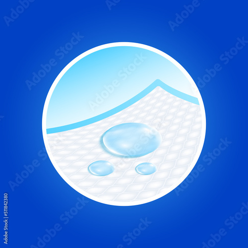 Water droplets on disposable close up. For elderly and bedridden people with urinary incontinence. Soft protection and convenient. Blue diaper pads Isolated on white background. 3D vector. 