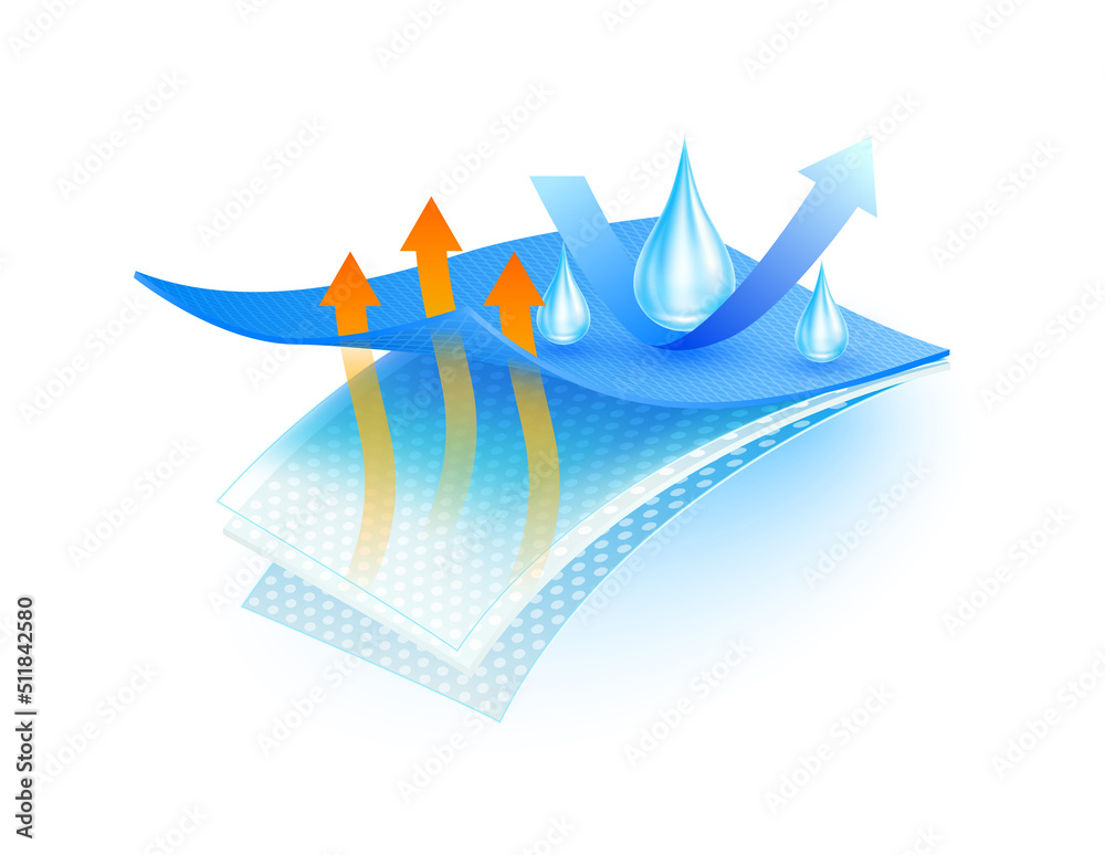 Water droplets on perforated spunbond synthetic fiber nonwoven fabric close up. Waterproof material moisture and Support cooling, reflect heat. Vector 3D. Can fabric ads, industrial. 