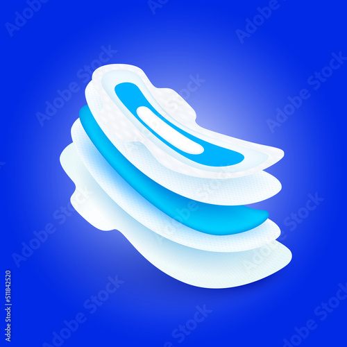 Detailed sanitary pad napkin with wings for feminine hygiene menstruation of absorbent pad for woman. Protection system shows the steps of the 5 sheets absorbent layer. Realistic 3d vector.