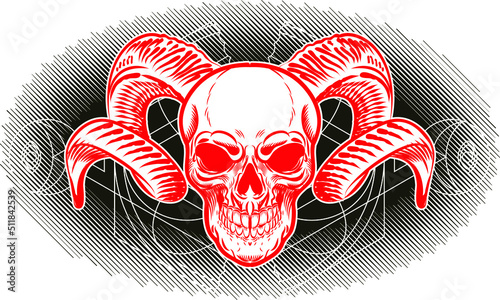 Hand Drawn human skull with goat horn doodle, vector illustration. Scull with ram, deer, a horned animal, tattoo design. Sketch for hipster tattoo or bohemian logo.