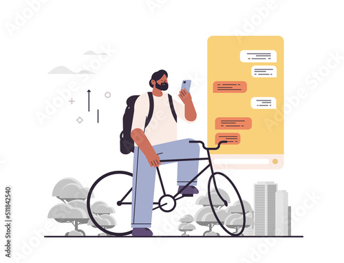 man cyclist chatting on digital screen guy using chat app on smartphone social media network online communication