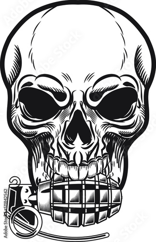 A human skull holding a hand grenade in its jaw. in a vintage woodblock style
