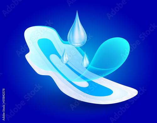 Water drop, air bubble on sanitary pad napkin with wings for feminine hygiene menstruation of absorbent pad for women. Hygroscopic offering soft comfort. Vector realistic 3D. For advertising diapers.