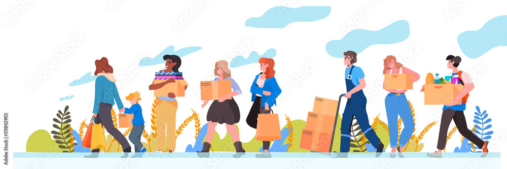 Fototapeta premium volunteers giving help boxes to refugee humanitarian aid material assistance governmental help stop war in Ukraine