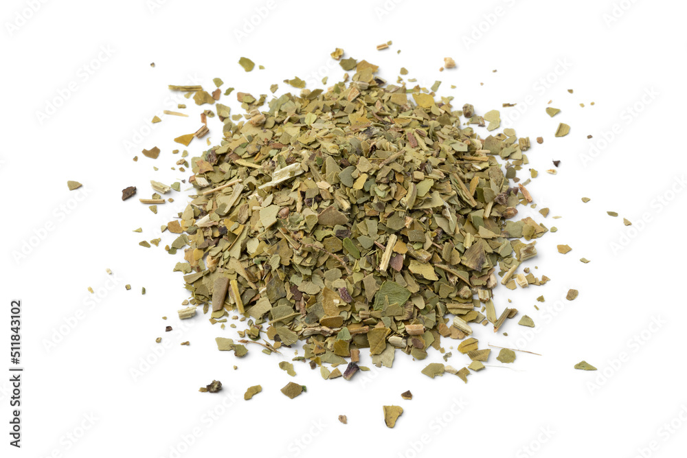Heap of South American dried Mate tea leaves close up isolated on white background Heap of South American dried Mate tea leaves close up isolated on white background