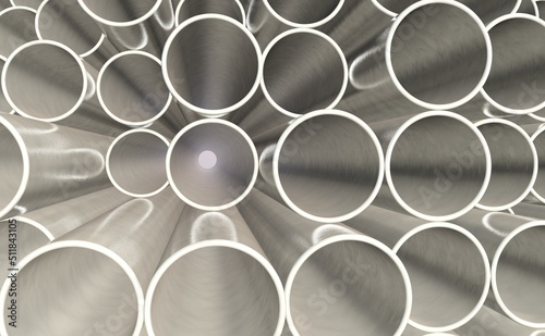 Metal pipe stainless stacked wait for material in manufacturing 3D render