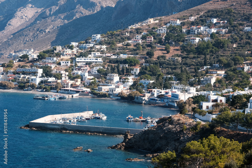 View of Mirties village on Kalymnos island on sunny day. Aegean Sea, Greece.