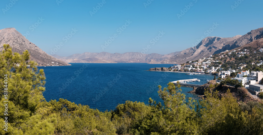 Panoramic view of Kalymnos and Telendos islands on sunny day. Aegean Sea, Greece.