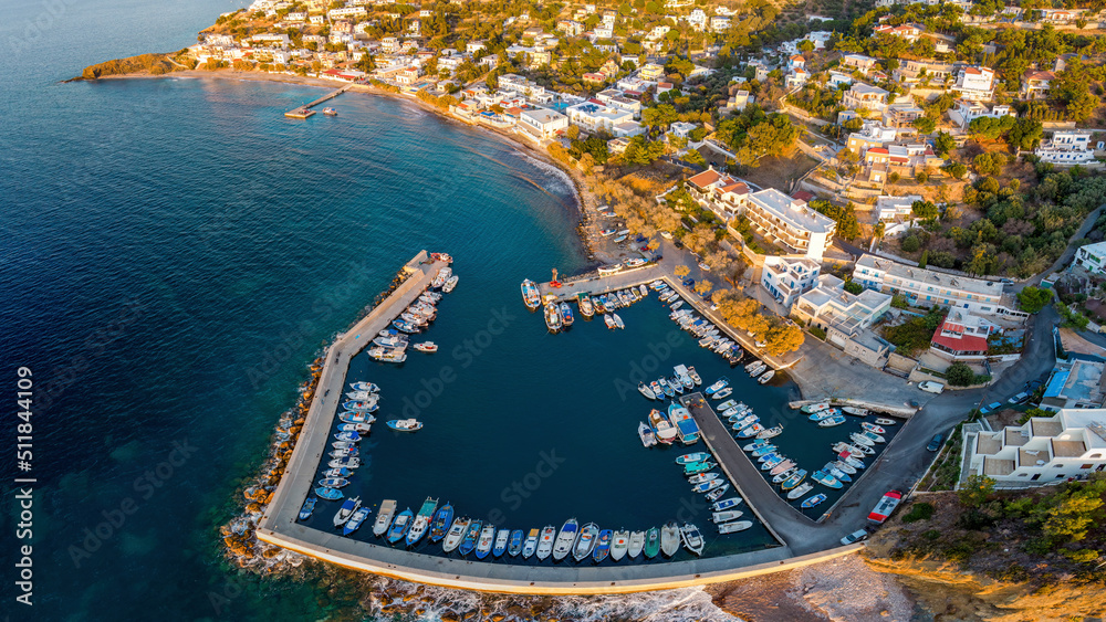 Drone view of Mirties village at sunset. Kalymnos island, Aegean Sea, Greece.