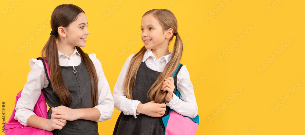 Obraz premium School girls friends. Learn together. Happy children back to school. School uniforms. Formal education. Portrait of schoolgirl student, studio banner header. School child face, copyspace.