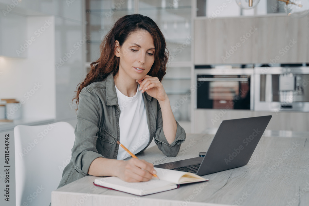 Remote work of executive or manager. Confident Spanish girl sitting at the desk at her kitchen. Remote work of executive or manager. Confident Spanish girl sitting at the desk at her kitchen.