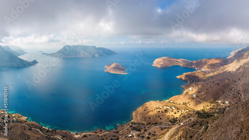 Drone view of Kalymnos and Telendos islands on sunny day. Aegean Sea, Greece. photo
