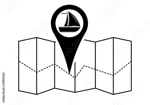 Gps map outline with location pin, boat yacht sign vector icon. Gps marker with map design illustration isolated on white background, to use in gps, travel, vacation, holiday design projects. 