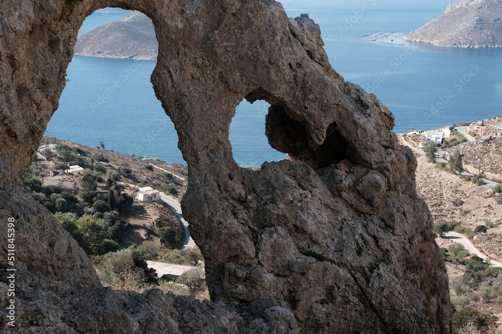 Holes in the rock.Kalymnos island, Aegean Sea, Greece.