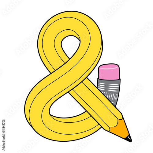 Ampersand mark made up of curved pencil with pink eraser. Vector isolated flat illustration with editable strokes.