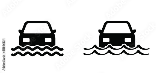 Cartoon drawing, car falls in water icon or symbol. The cars ride to the water. Flood, water wave. Drowned car pictogram. Crash or accident logo