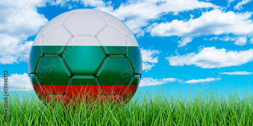 Soccer ball with Bulgarian flag on the green grass against blue sky  3D rendering