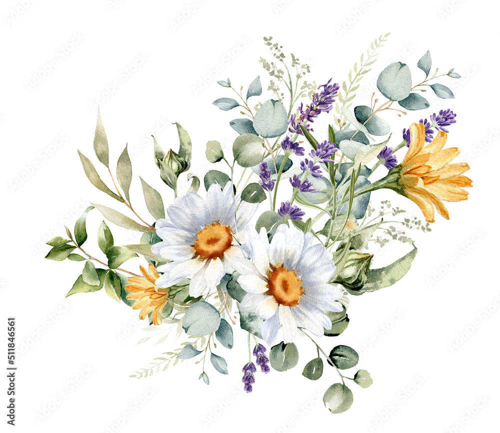 Watercolor Bright Wild Flower Bouquet Arragement Composition With Meadow  Bright Wildflowers Rose Peony Herbs Leaves Branches Twigs Foliage Leaves  For Wedding Invite Bridal Shower Baby Shower Banner Logo Stock Illustration  - Download