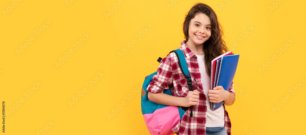 day in high school. schoolgirl with notebook and backpack. back to school. teen girl ready to study. Banner of school girl student. Schoolgirl pupil portrait with copy space. day in high school. schoolgirl with notebook and backpack. back to school. teen girl ready to study. Banner of school girl student. Schoolgirl pupil portrait with copy space.