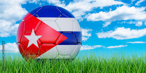 Soccer ball with Cuban flag on the green grass against blue sky  3D rendering