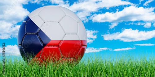 Soccer ball with Czech flag on the green grass against blue sky  3D rendering