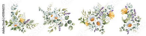 Watercolor wildflower and herb bouquets. Daisy, calendula, lavender, eucalyptus branches. Summer floral clipart for greeting cards and invitations, natural products wrapping, logo and fabric. © Nataliya Kunitsyna