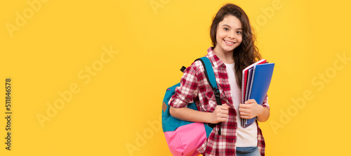 day in high school. schoolgirl with notebook and backpack. back to school. teen girl ready to study. Banner of school girl student. Schoolgirl pupil portrait with copy space. photo